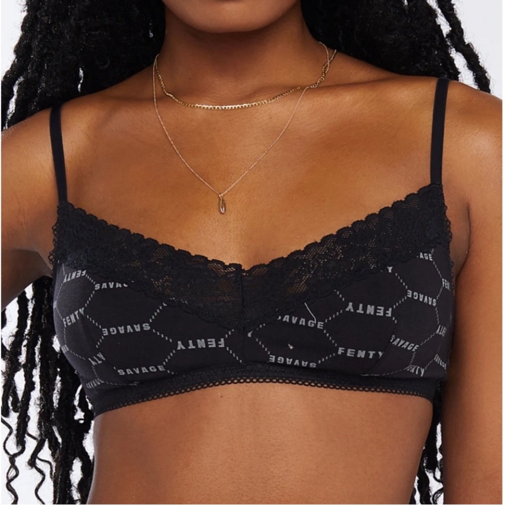 Fenty Savage Black Logo Stretch Cotton Essentials Lace Trim Bralette Size Medium